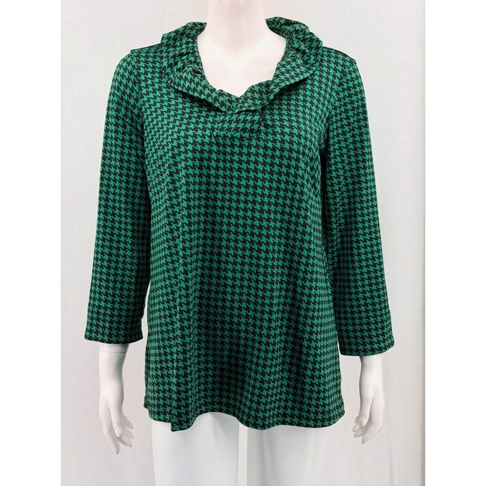 Ali Miles Top Womens Small Green Houndstooth Ruffle V-Neck 3/4 Sleeve Stretch